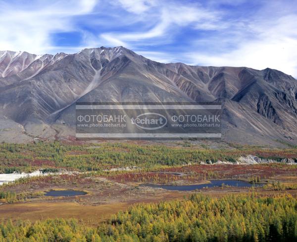 Русский пейзаж. Россия. Сибирь. Хабаровский край. Охотский район. Хребет Сунтар-Хаята. Долина реки Ниткан. Озера у подножья гор / Природа / горы