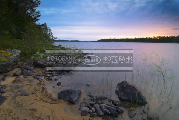 Россия. Карелия. Закат на озере Боярсоке,  деревья, камни / Природа / закаты и рассветы