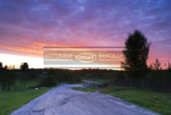 Росссия. Костромская область. Рассвет. Небо, дерево, дорога / Природа / закаты и рассветы