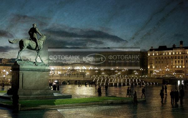 Россия. Москва. Вечер на Манежной площади. Памятник Жукову / Город, архитектура / городской пейзаж